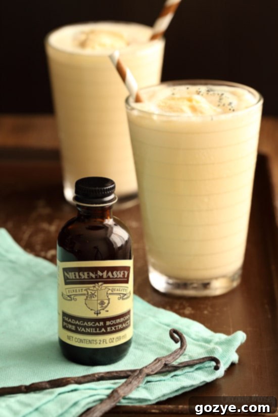 A beautifully presented Vanilla Bean Cream Soda Float with a scoop of ice cream, viewed from above.