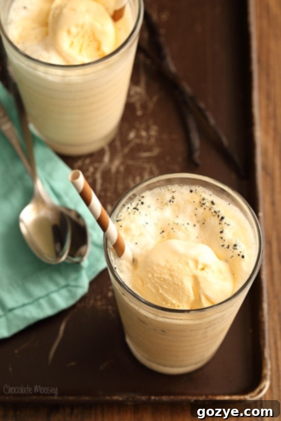 Side view of a Vanilla Bean Cream Soda Float, showing layers of fizz and melting ice cream.