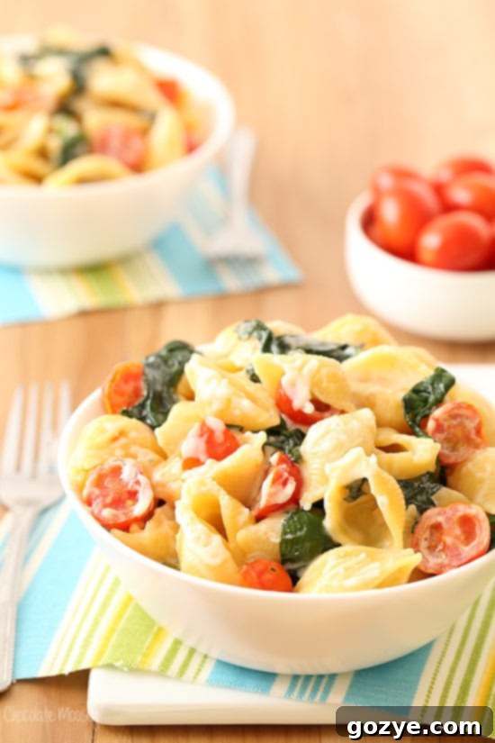 Vibrant Tomato & Creamy Goat Cheese Pasta with Spinach 2 Creamy Tomato, Spinach, and Goat Cheese Pasta in a bowl, a perfect summer mac and cheese.