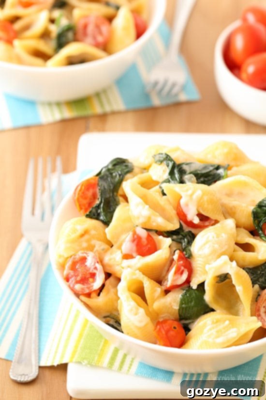Vibrant Tomato & Creamy Goat Cheese Pasta with Spinach 3 Close-up of Tomato, Spinach, and Goat Cheese Pasta in a pan, showcasing creamy sauce and fresh ingredients.