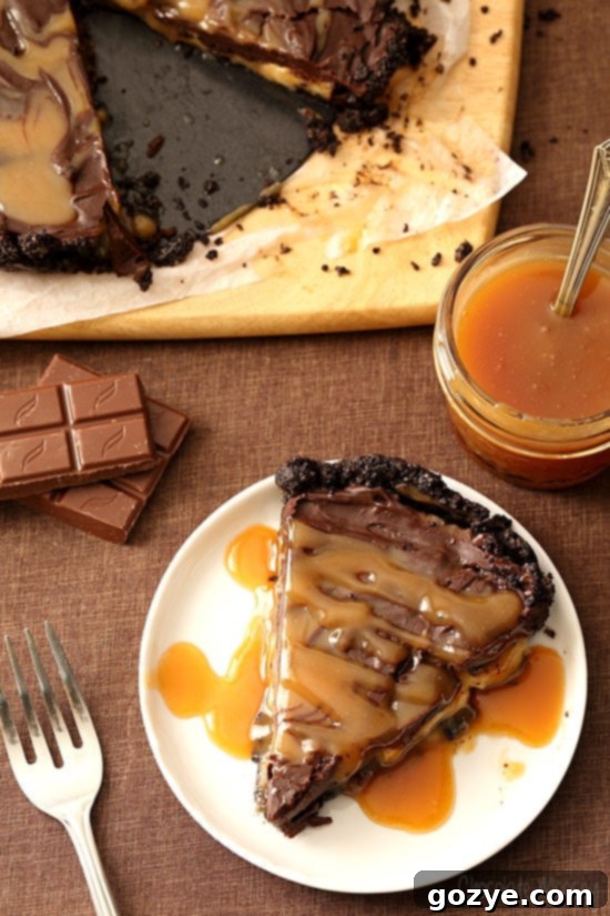 No Bake Chocolate Banana Caramel Tart with a caramel swirl