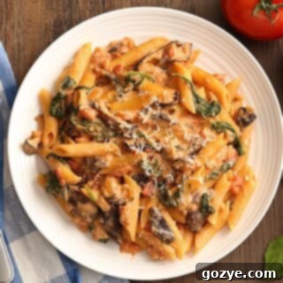 Creamy Tomato and Mushroom Pasta with spinach and homemade tomato sauce