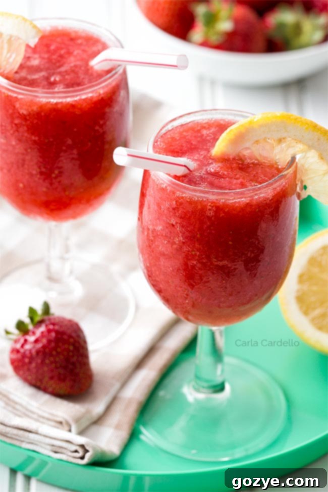 Boozy or Virgin Strawberry Slushies 2 Close up of strawberry slushie in wine glass