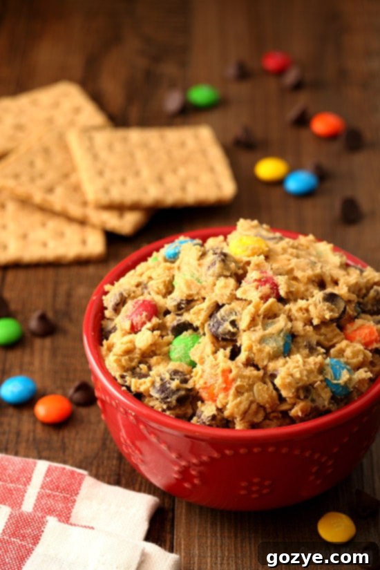 Delicious No-Bake Monster Cookie Dough Dip with creamy peanut butter, vibrant M&Ms, rich chocolate chips, and wholesome oats, served with crisp graham crackers for dipping.