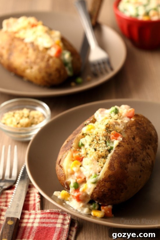 Chicken Pot Pie Baked Potatoes For Two offer the comforting flavors of a pot pie without a pie crust. Learn how to bake potatoes in the oven and microwave for an easy weeknight dinner.