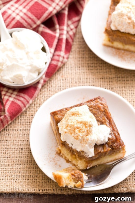 A perfectly sliced piece of Apple Butter Gooey Butter Cake garnished with whipped cream