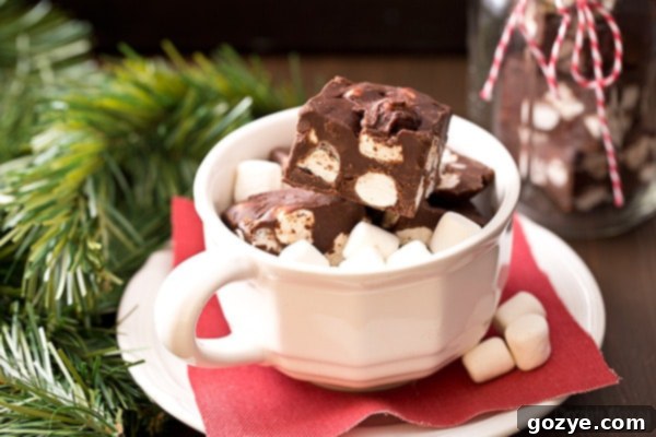 Marshmallow Chocolate Fudge in a white coffee cup