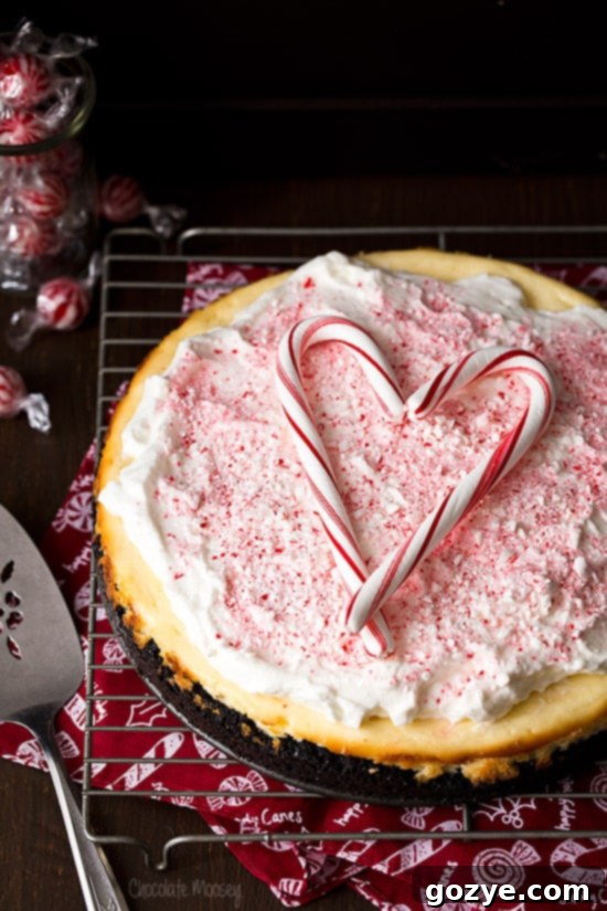 Creamy Peppermint Cheesecake with festive crushed candy canes