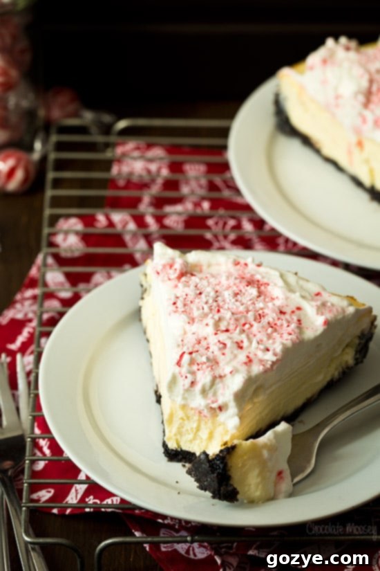 Close-up of Peppermint Cheesecake slice with candy cane topping