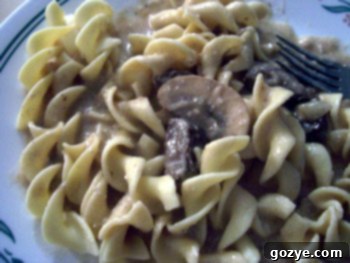 A delicious bowl of homemade Beef Stroganoff served over tender egg noodles, garnished with fresh herbs.