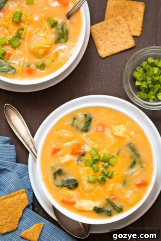 Hearty Cheesy Chicken Potato Chowder 2 Creamy Cheesy Chicken and Potato Soup made without cream, garnished with fresh herbs
