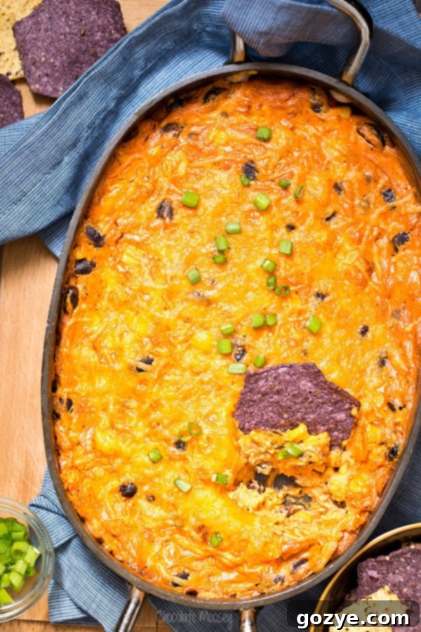 Baked Chicken Enchilada Dip in a casserole dish, topped with green onions, ready to serve