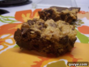 A close-up of Double Decker Brownies, showcasing the distinct layers of fudgy brownie and chewy chocolate chip cookie.