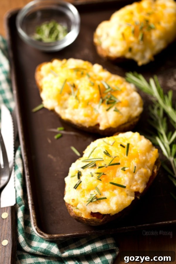 Shepherd's Pie Twice Baked Potatoes arranged on a cookie sheet, ready for the second bake.