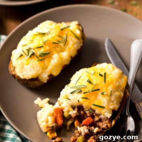 Shepherd's Pie Baked Potatoes, a close-up showing the creamy mashed potato topping