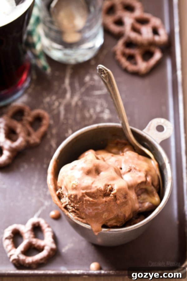 Close-up of Chocolate Stout Ice Cream in a bowl with visible chocolate covered pretzels and caramel swirls