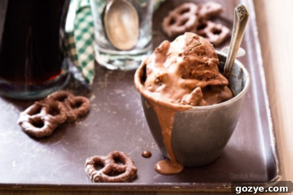 Scoops of Chocolate Stout Ice Cream with pretzels and caramel in a bowl