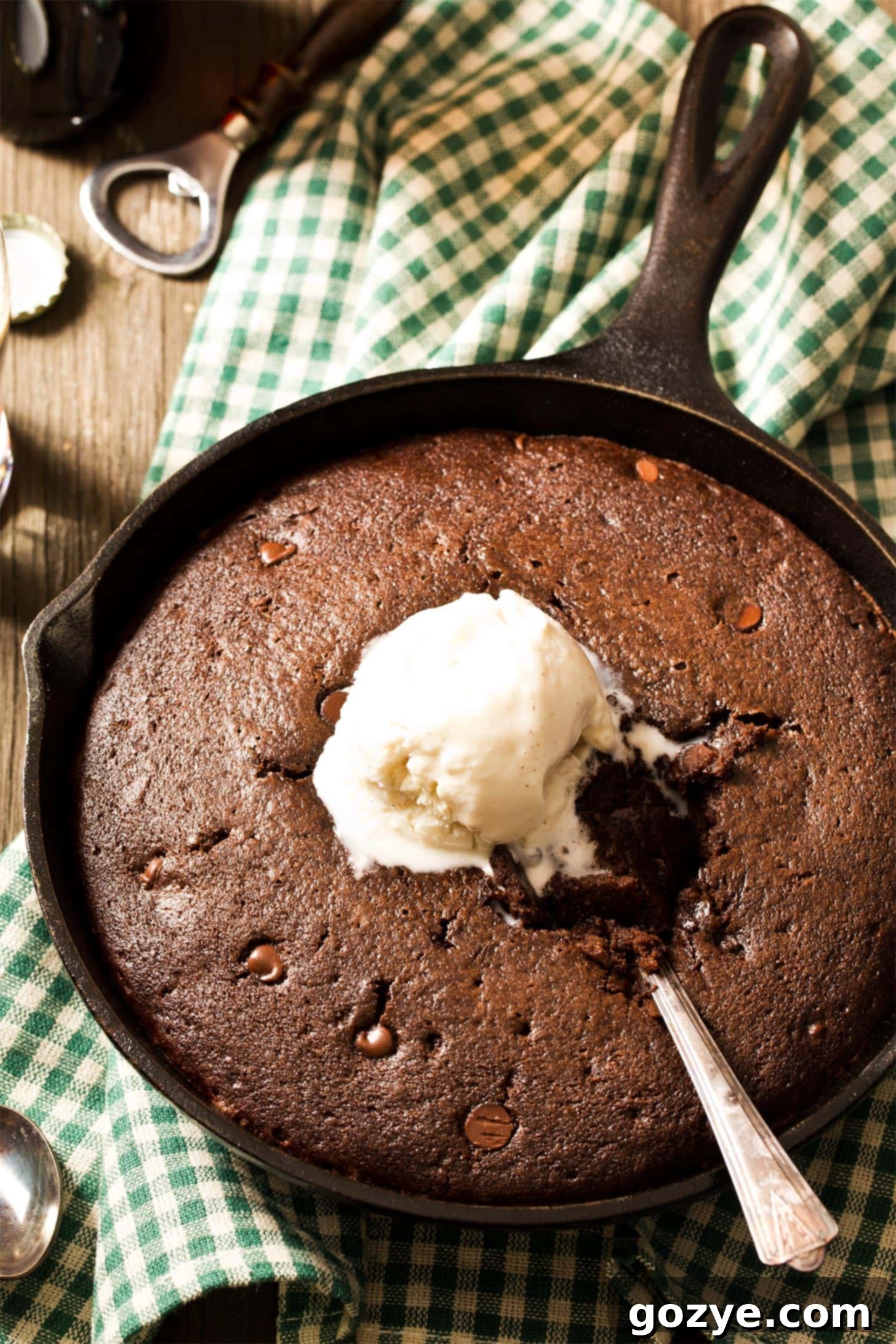 Chocolate skillet cake in cast iron with ice cream, served warm