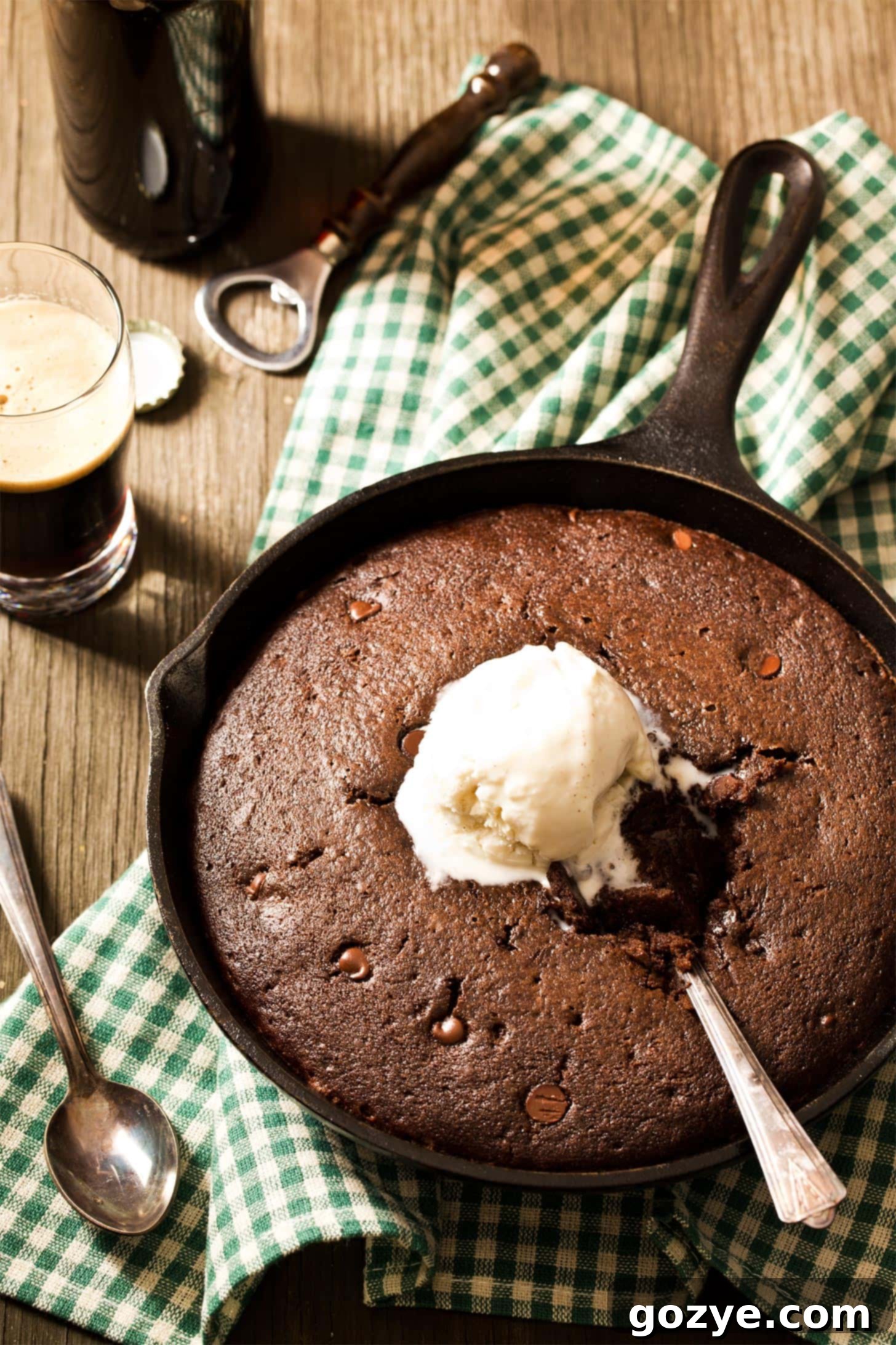 Chocolate skillet cake with vanilla ice cream, ready to be served