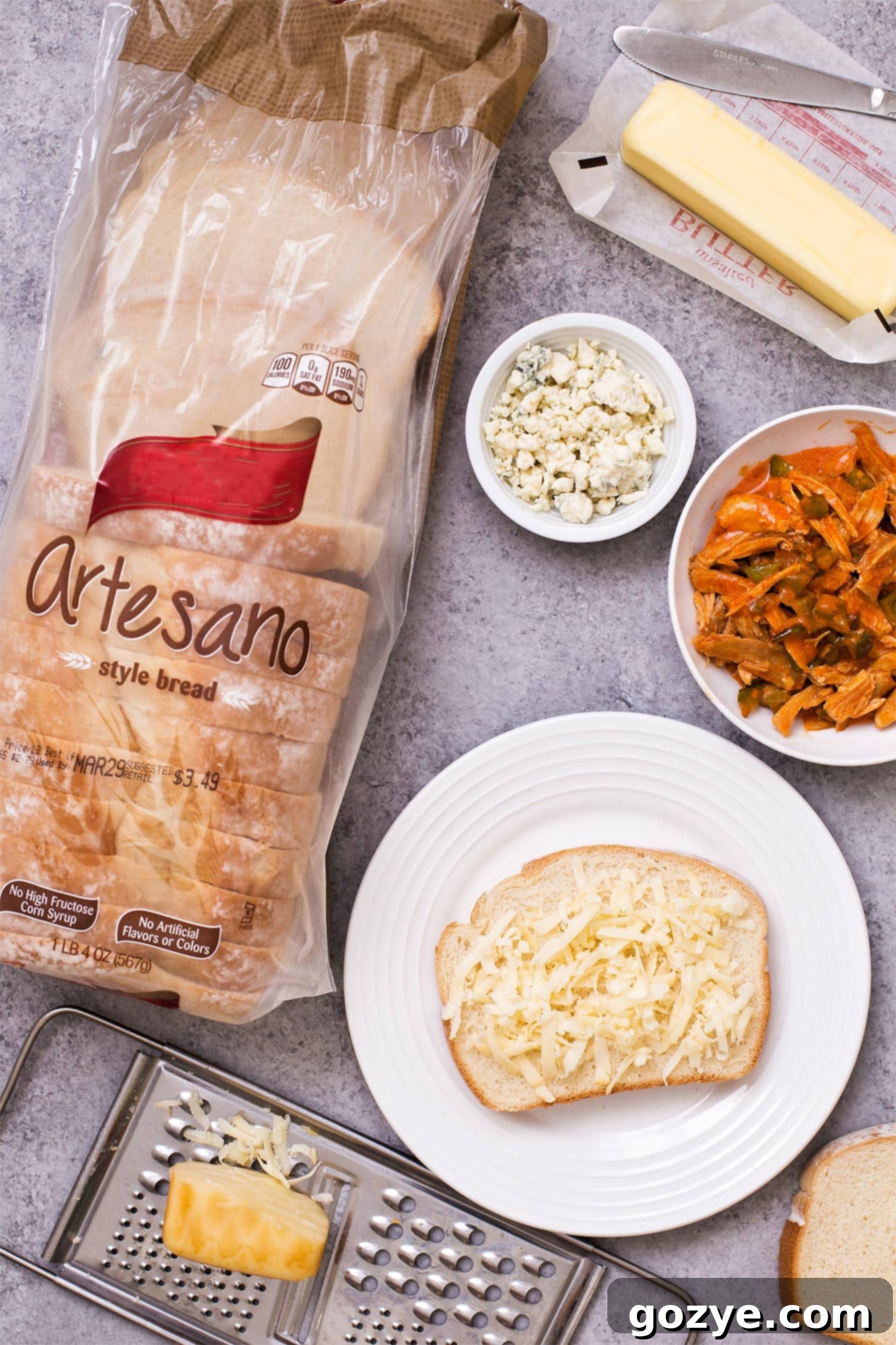 Ingredients for Buffalo Chicken Grilled Cheese