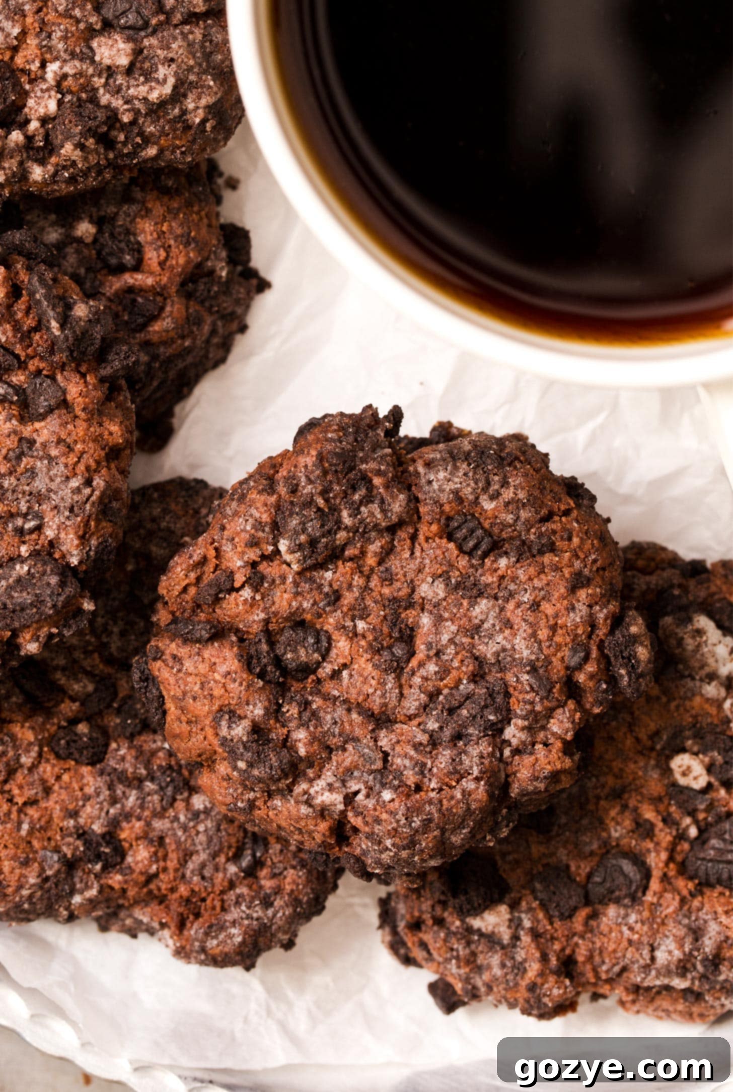 Close up of a stack of freshly baked Oreo cheesecake cookies, showcasing their soft texture and crumb coating