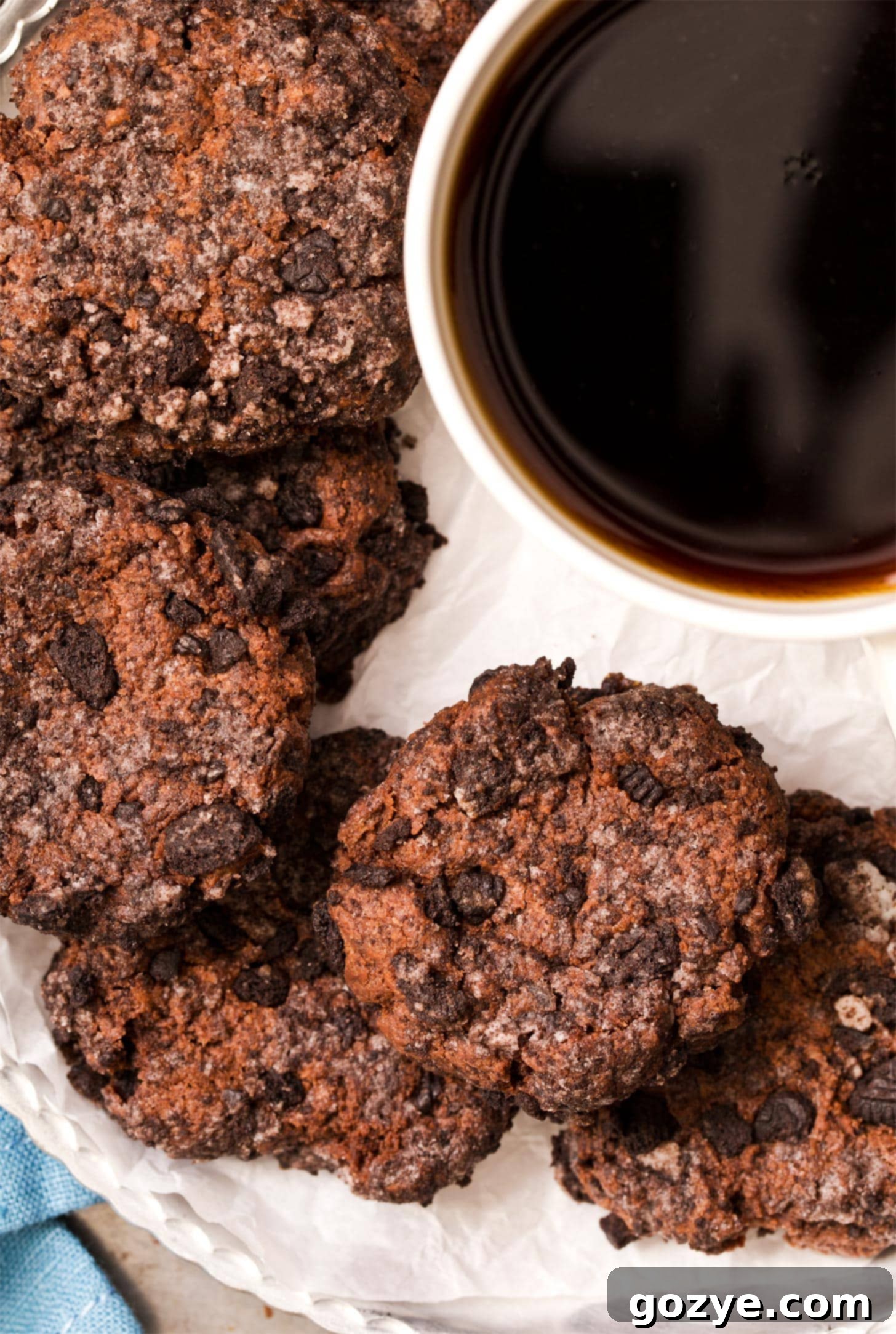 A plate featuring several chocolate cheesecake cookies, ready to be enjoyed with a hot beverage.