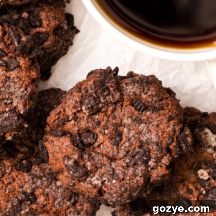 Close up of Oreo cheesecake cookies with a sprinkle of crumbs