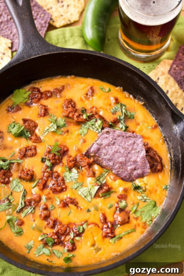 Mexican Beer Cheese Dip with cilantro garnish