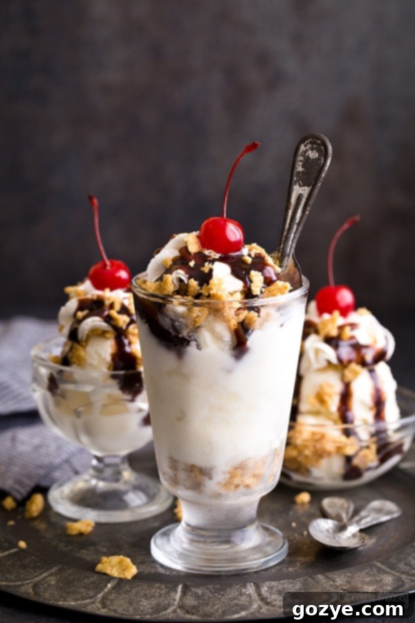 Fried Ice Cream Sundaes with cinnamon toast crunch cereal, served in a glass