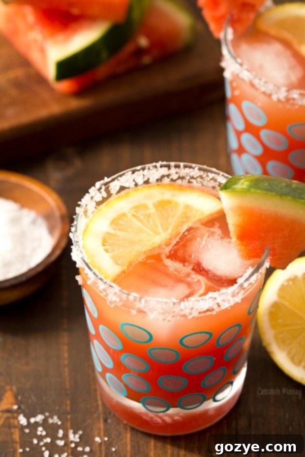 Refreshing Watermelon Lemonade Margaritas served in glasses with salt rims and lemon slices