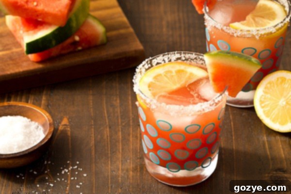 Watermelon Lemonade Margarita glasses with a pitcher of the cocktail ready to serve