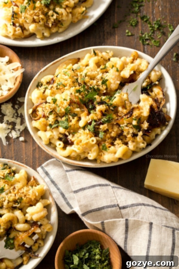 All of your favorite flavors of French onion soup in pasta form - stovetop French Onion Macaroni and Cheese with caramelized onion and gruyere cheese makes 4 servings, enough to have dinner for two.