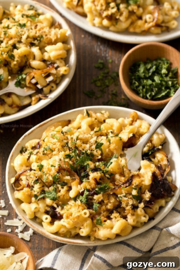 All of your favorite flavors of French onion soup in pasta form - stovetop French Onion Macaroni and Cheese with caramelized onion and gruyere cheese makes 4 servings, enough to have dinner for two.
