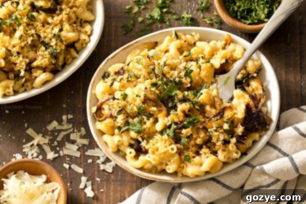All of your favorite flavors of French onion soup in pasta form - stovetop French Onion Macaroni and Cheese with caramelized onion and gruyere cheese makes 4 servings, enough to have dinner for two.