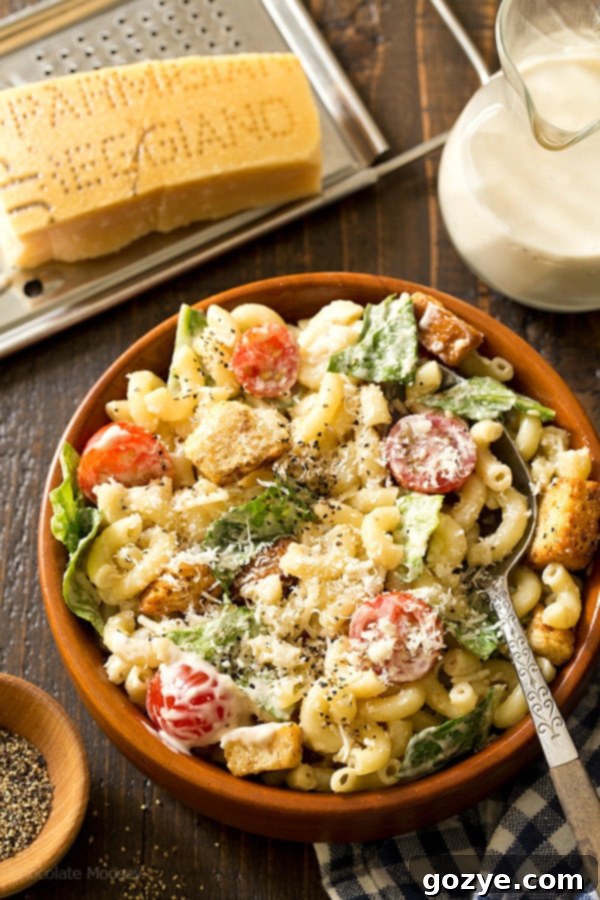 Bowl of Caesar Pasta Salad with spoon