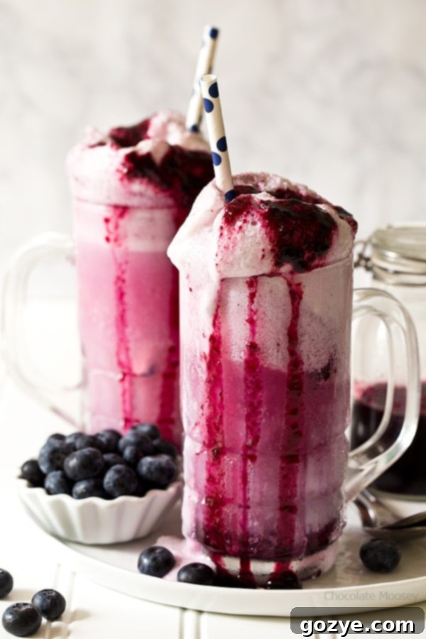 Enjoy summer in a glass with Blueberry Cream Soda Floats made with homemade blueberry soda and vanilla ice cream.