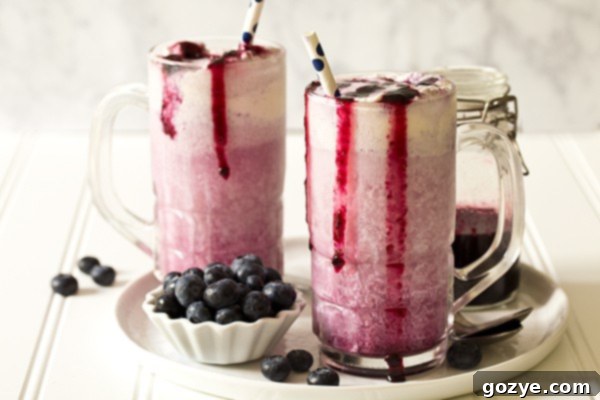 Enjoy summer in a glass with Blueberry Cream Soda Floats made with homemade blueberry soda and vanilla ice cream.
