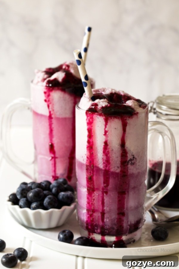 Enjoy summer in a glass with Blueberry Cream Soda Floats made with homemade blueberry soda and vanilla ice cream.