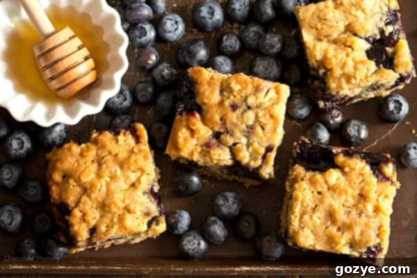 Soft, moist, and reminiscent of oatmeal cookies, Honey Blueberry Oatmeal Bars are filled with a homemade blueberry honey jam without pectin.