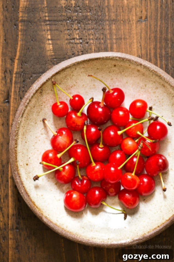 Decadent Chocolate Cherry Cheesecake Dip 4 Bowl of fresh sour cherries, essential ingredient for homemade cherry pie filling in Chocolate Cherry Cheesecake Dip