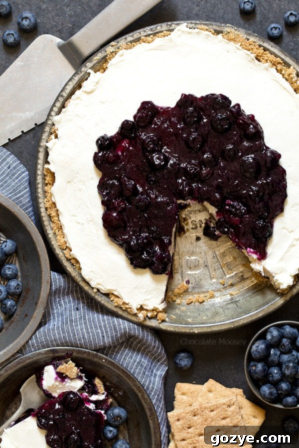 Slice cut out of no bake blueberry cheesecake