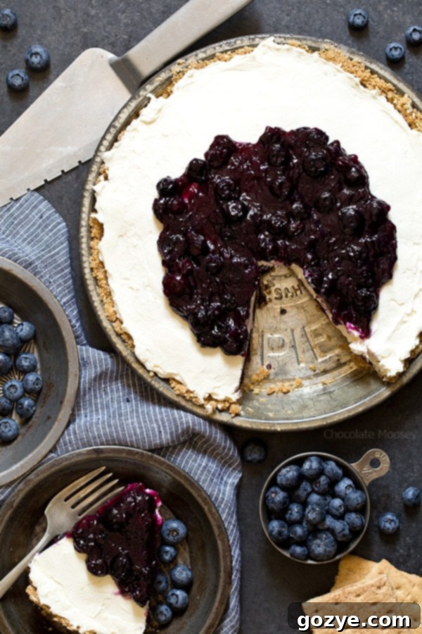 Slice cut out of no bake blueberry cheesecake