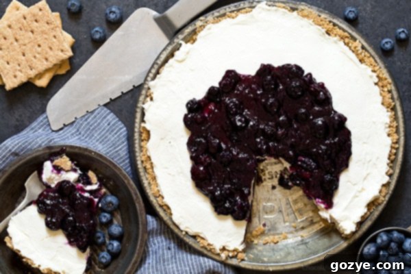 Slice cut out of no bake blueberry cheesecake