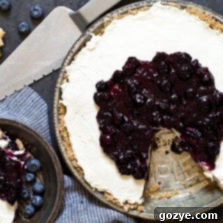 Slice cut out of no bake blueberry cheesecake