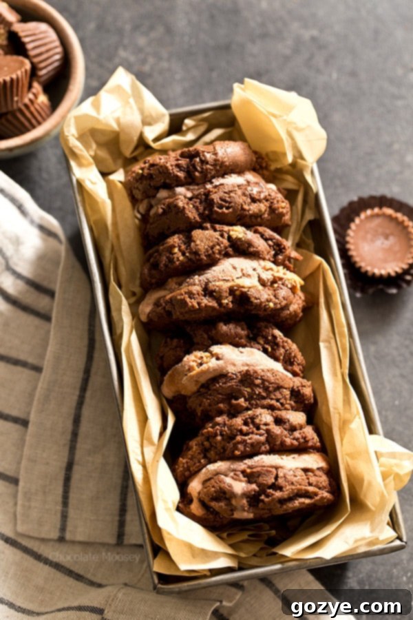 Stacked Chocolate Peanut Butter Ice Cream Cookie Sandwiches ready to be enjoyed