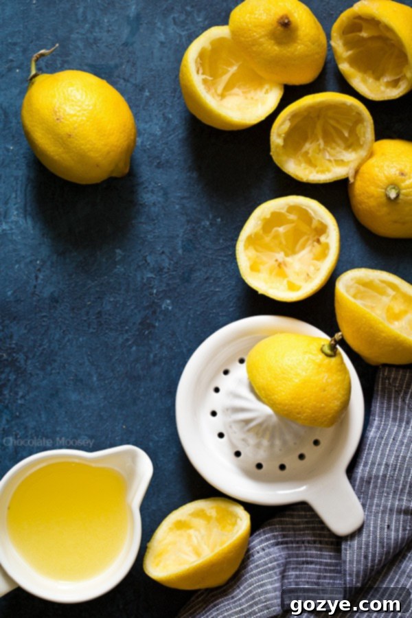 Close-up of homemade blueberry syrup being poured into a pitcher with lemon juice