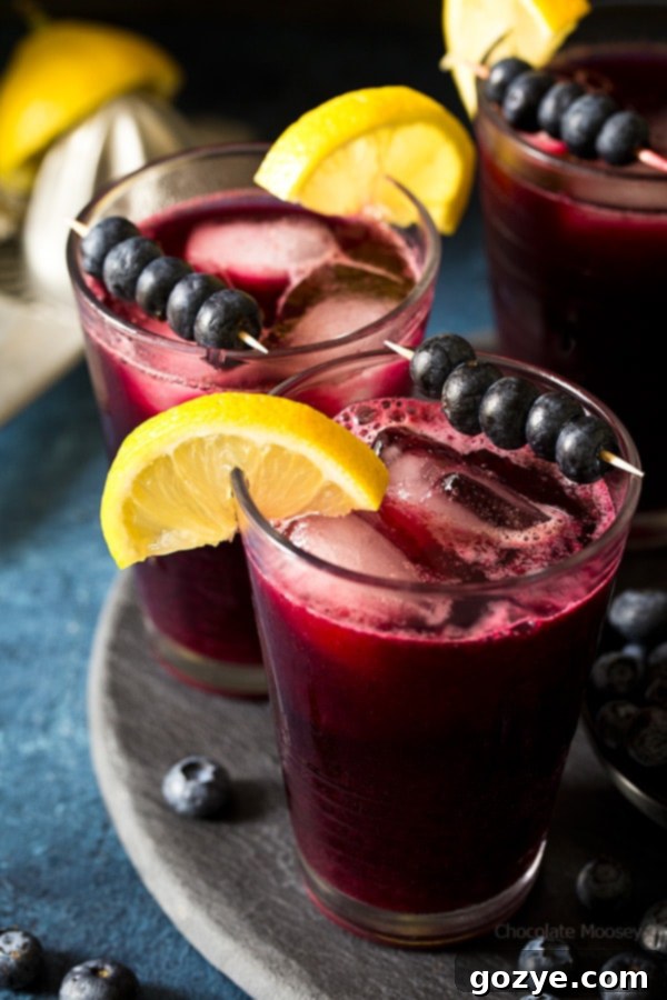 Glass of Sparkling Blueberry Lemonade with ice, blueberries, and lemon slices