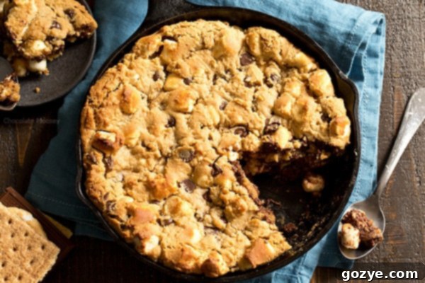 Overhead view of a cast iron skillet cookie, generously topped with an array of s'mores components before baking.