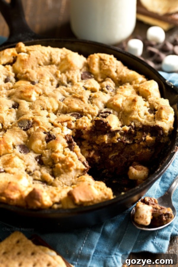 A decadent Peanut Butter S'mores Skillet Cookie served with a scoop of creamy vanilla ice cream, ready to be enjoyed.