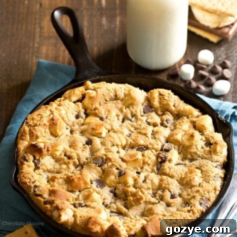 Peanut Butter S'mores Chocolate Chip Skillet Cookie recipe card image.